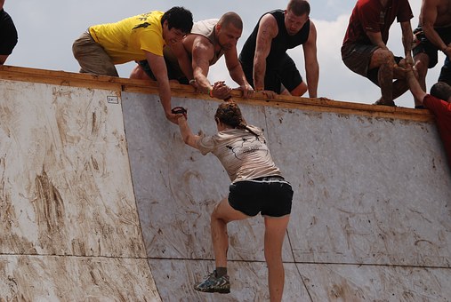 Girl, Mud, Run, Slope, Help, Challenge