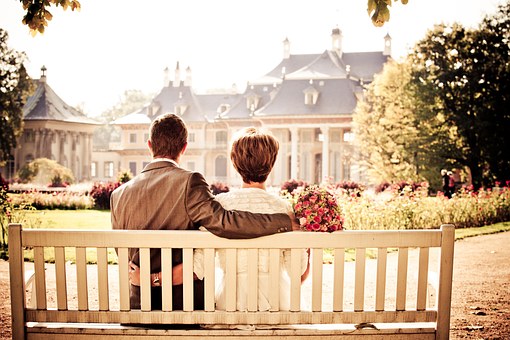 Couple, Bride, Love, Wedding, Bench