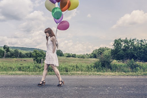 Balloons, Party, Girl, Happy, Walking